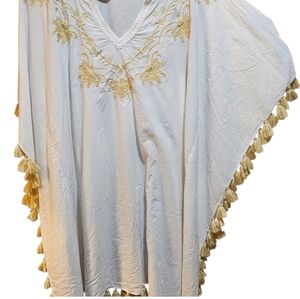 Elegant White and Gold Embroidered Swim Coverup/ Kafatan